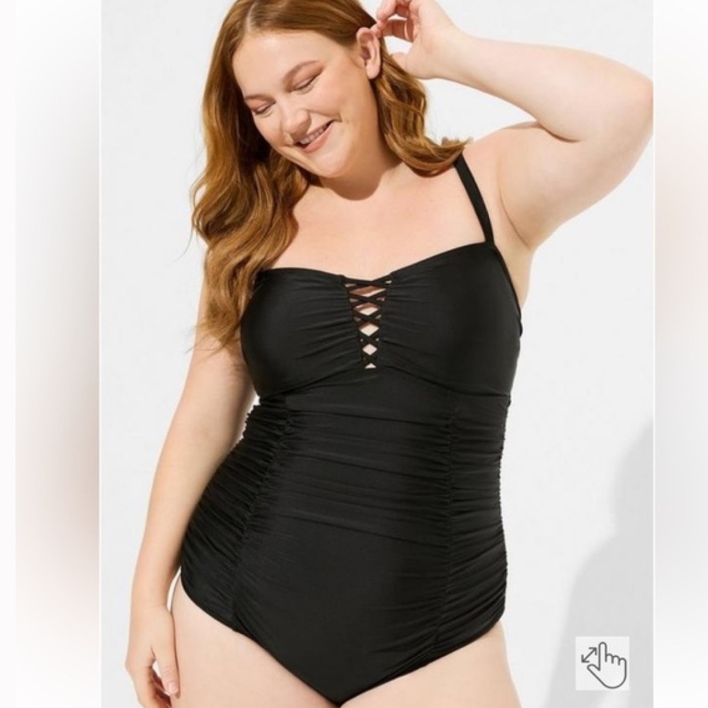 Torrid Black Lattice Front One Piece 4X Ruched Wireless Tummy Control  Swimwear